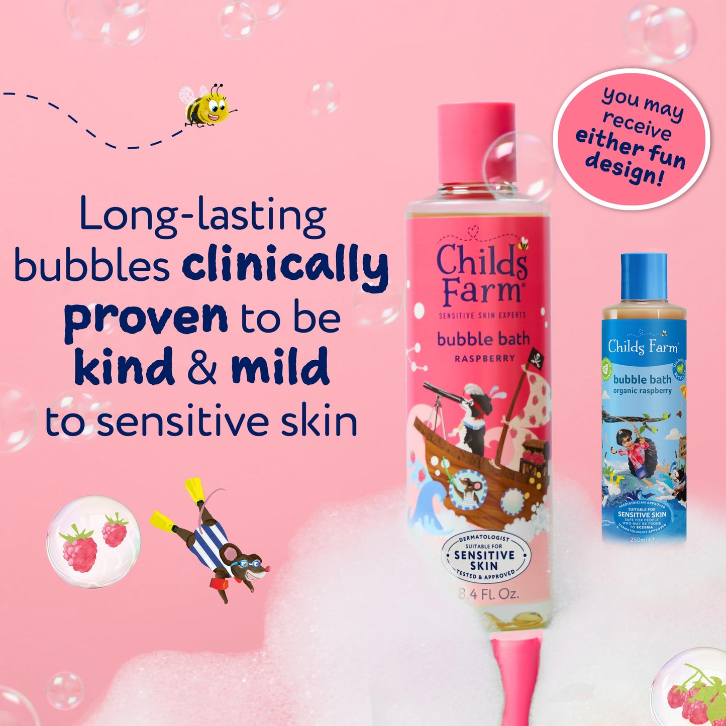 Childs Farm, Kids Bubble Bath for Dry, Sensitive Skin, Organic Raspberry, Gently Cleanses & Soothes, Vegan, Cruelty-Free, 8.4 fl oz