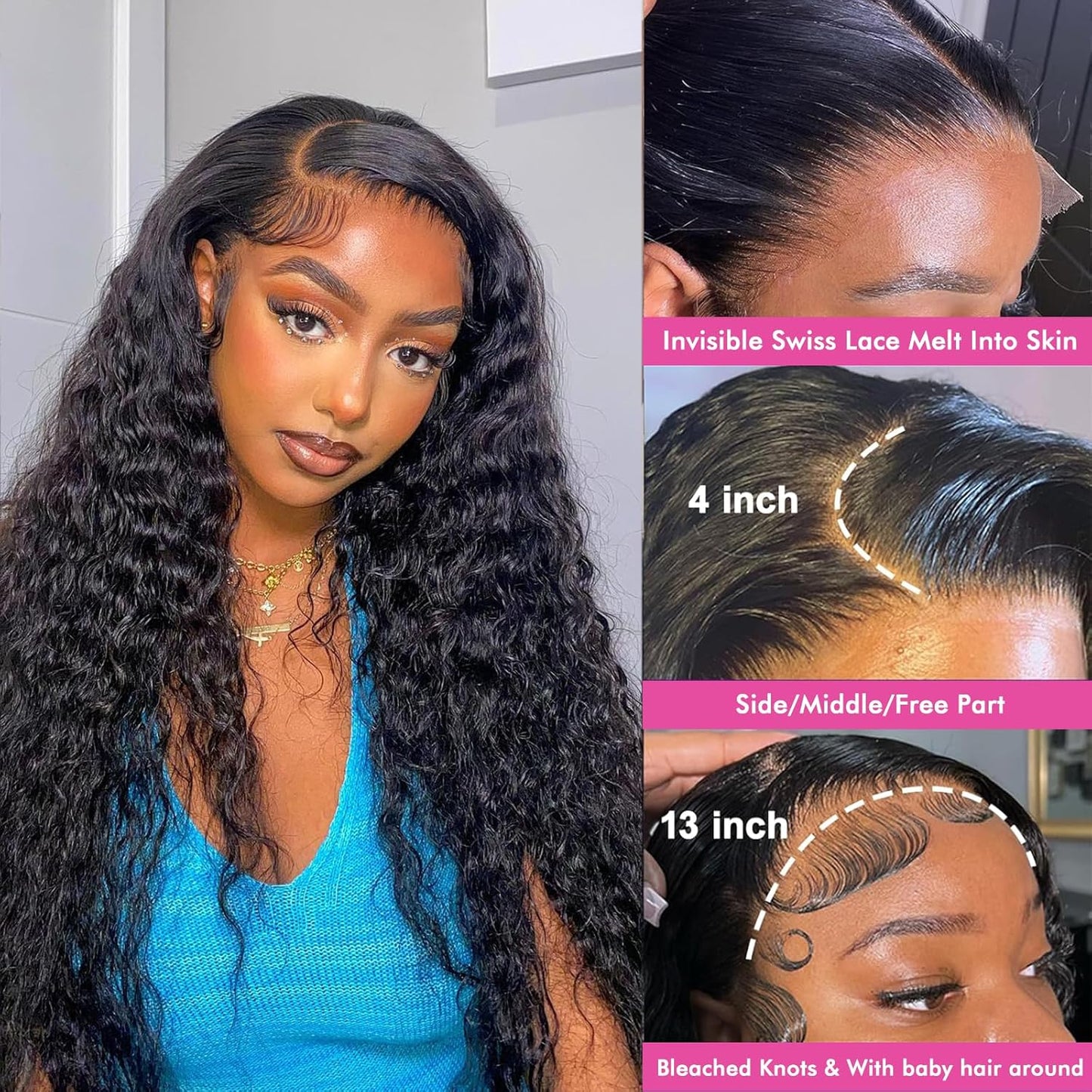 Deep Wave Lace Frontal Closure - 13x4 HD Lace 16 Inch Brazilian Curly Virgin Human Hair Extensions | Pre-Plucked, Natural Black, 150% Density