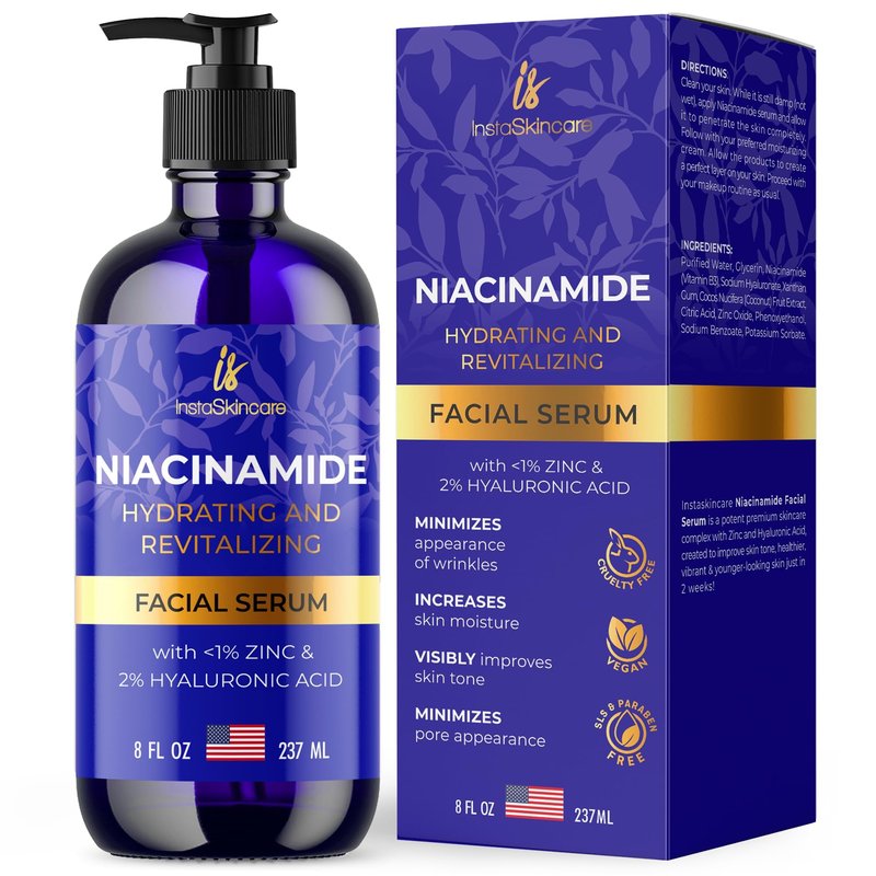 InstaSkincare Niacinamide Serum 8Oz for Face 10% with Zinc 1% Vitamin B3 Brightening Serum for Tone, Texture