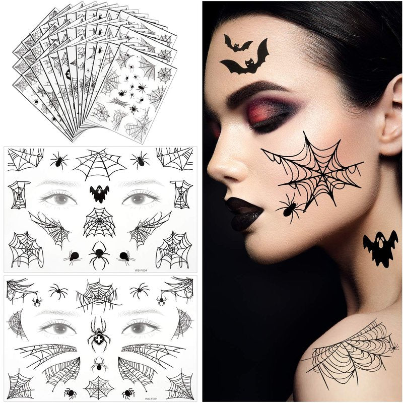 Halloween Face Tattoo Sheets - Spider Web Temporary Body Art | 36 Designs for Cosplay & Costume Parties