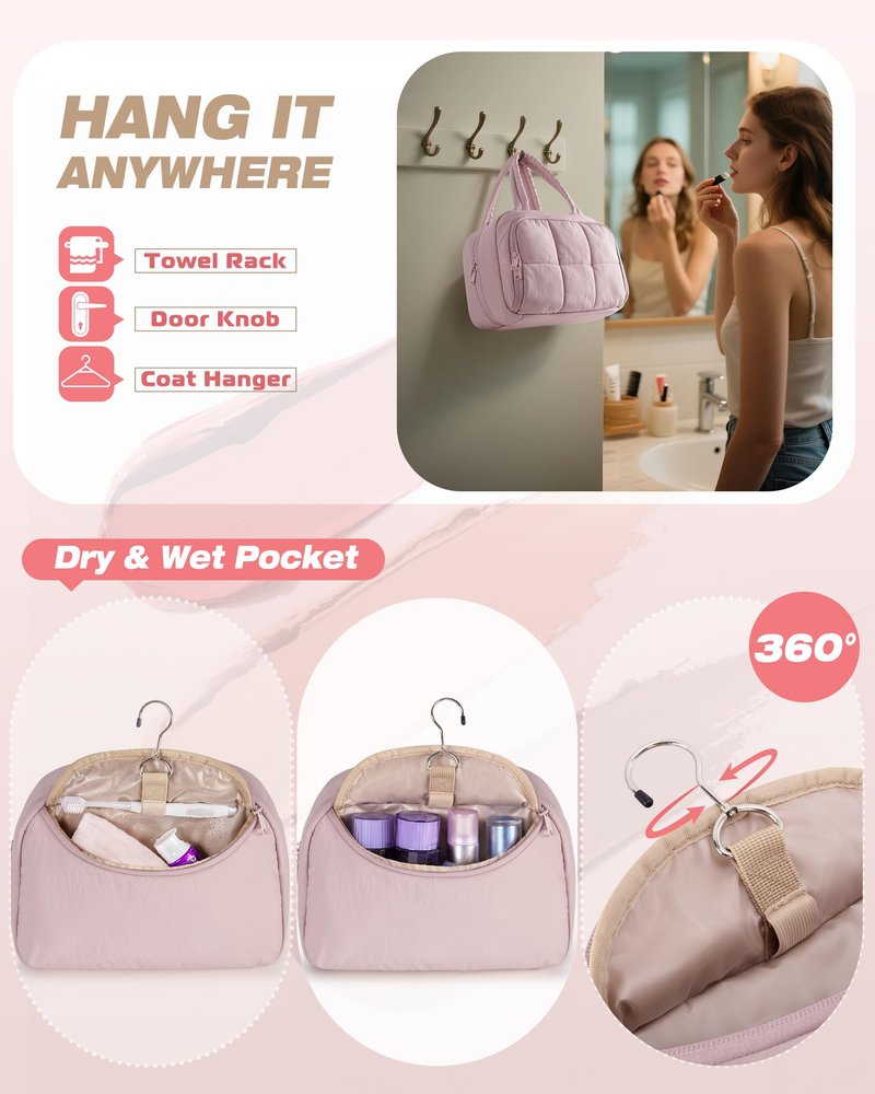 Marscamd Travel Makeup Bag for Women, Puffy Cosmetics & Toiletry Organizer with Leakproof Pockets for Travel-Size Shampoo, Conditioner, Brushes & Essentials - Medium Size, Pink (Bag Only)