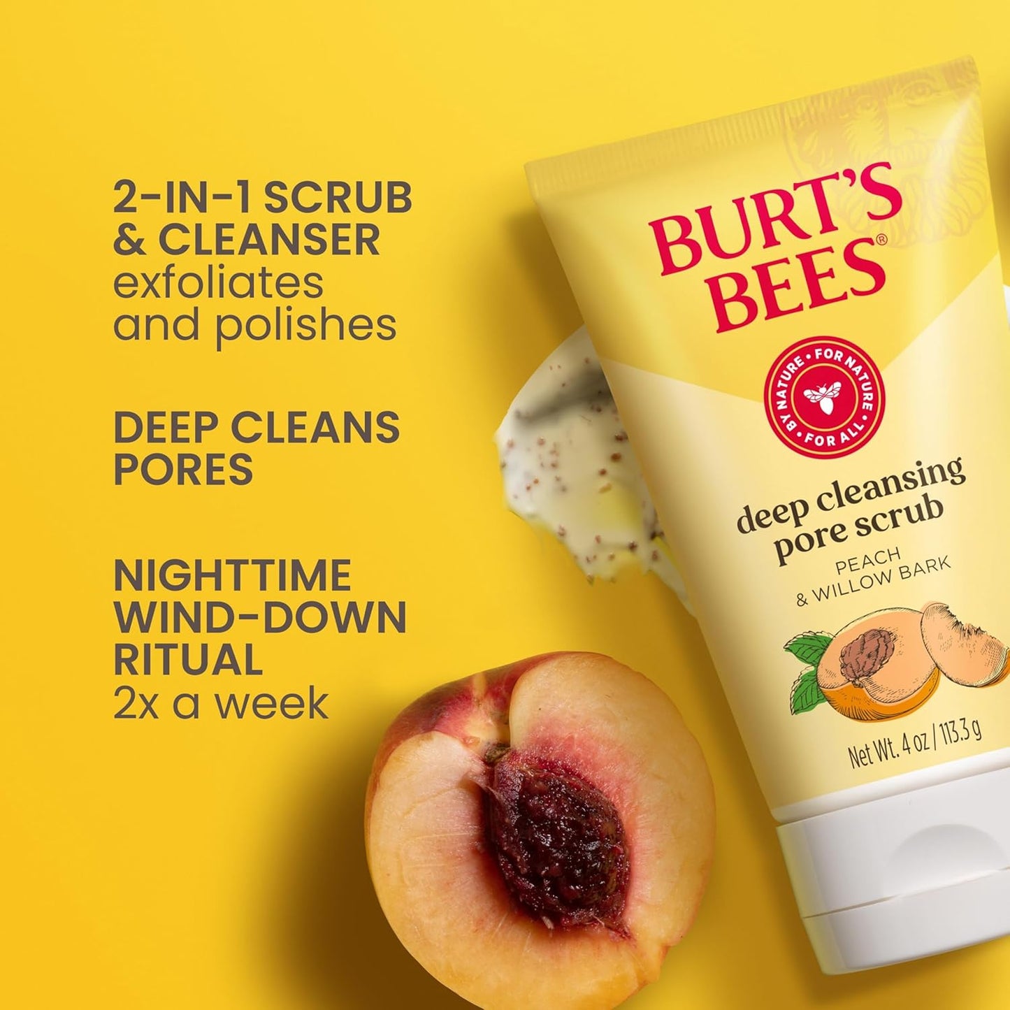 Burt's Bees Deep Cleansing Pore Scrub - Peach & Willow Bark | 4 Oz, Pack of 3