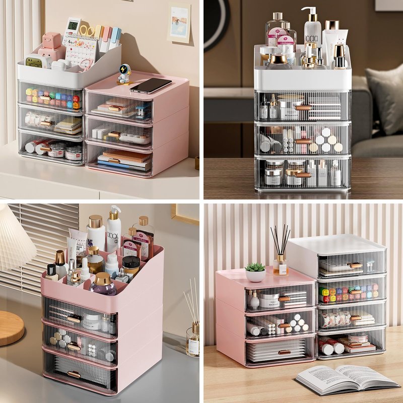 DASITON 6 Slots Makeup Brush Holder,Makeup Organizer,Makeup Brush Holder with 2 Drawers,Divided Makeup and Makeup Storage Holder,for Cosmetics(Pink-F1)