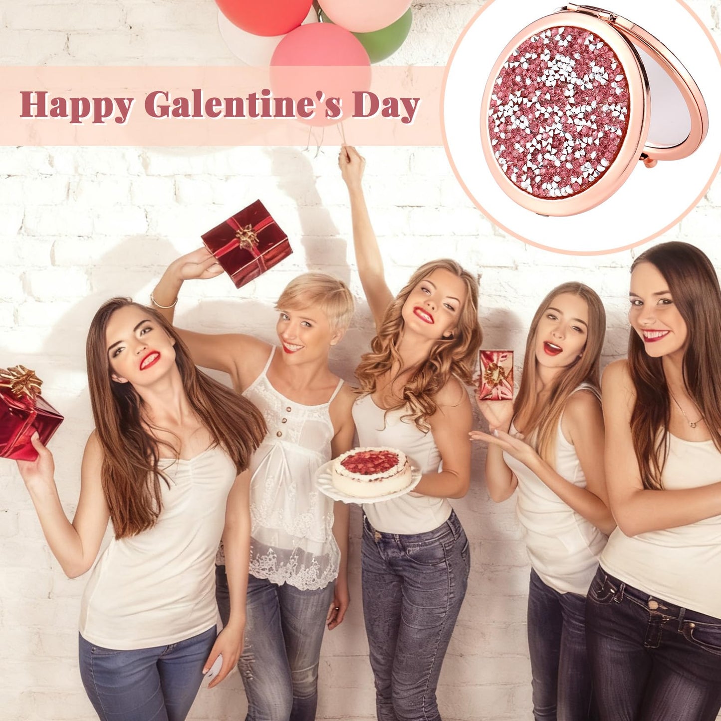 Thyle 12 Pcs Galentine's Day Gifts Compact Mirror for Purse, Double-Sided 1x/2x Magnifying, Metal Shell with Diamond, Galentines Folding Mini Pocket Travel Makeup Mirror for Women Friends Besties BFF