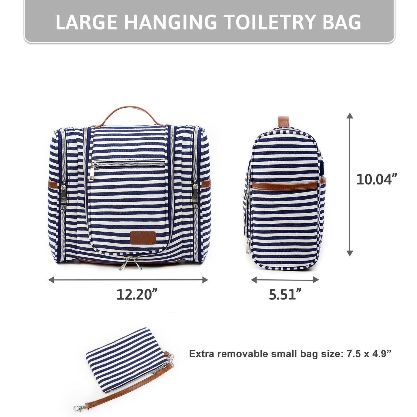 Pearl Angeli Hanging Toiletry Bag for Women and Men, Large Makeup Cosmetic Bag, Water Resistant Toiletries Travel Essentials Organizer, Full-size Container, Navy-striped