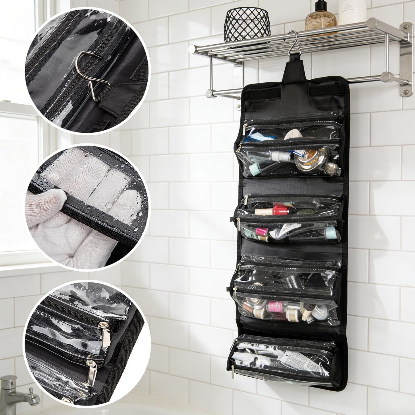ROYALFAIR Roll Up Makeup Bag, Travel Toiletry Bag for Women with 4 Clear TSA Approved Pouches, Hanging Travel Organizer, Folding Cosmetic Bag for Men and Women (Black)