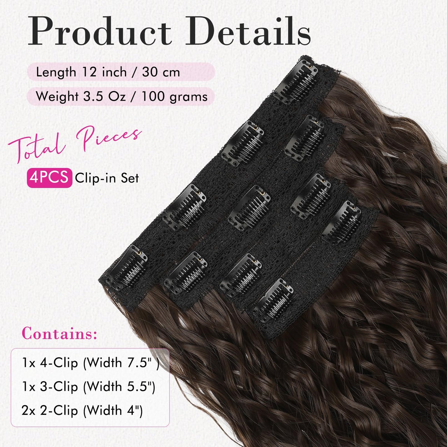 REECHO Clip in Hair Extensions, 4PCS 12" Short Curly Wavy Blonde Hair Extensions, Invisible Lace Weft, Natural Soft Hairpieces for Women - Dark Brown