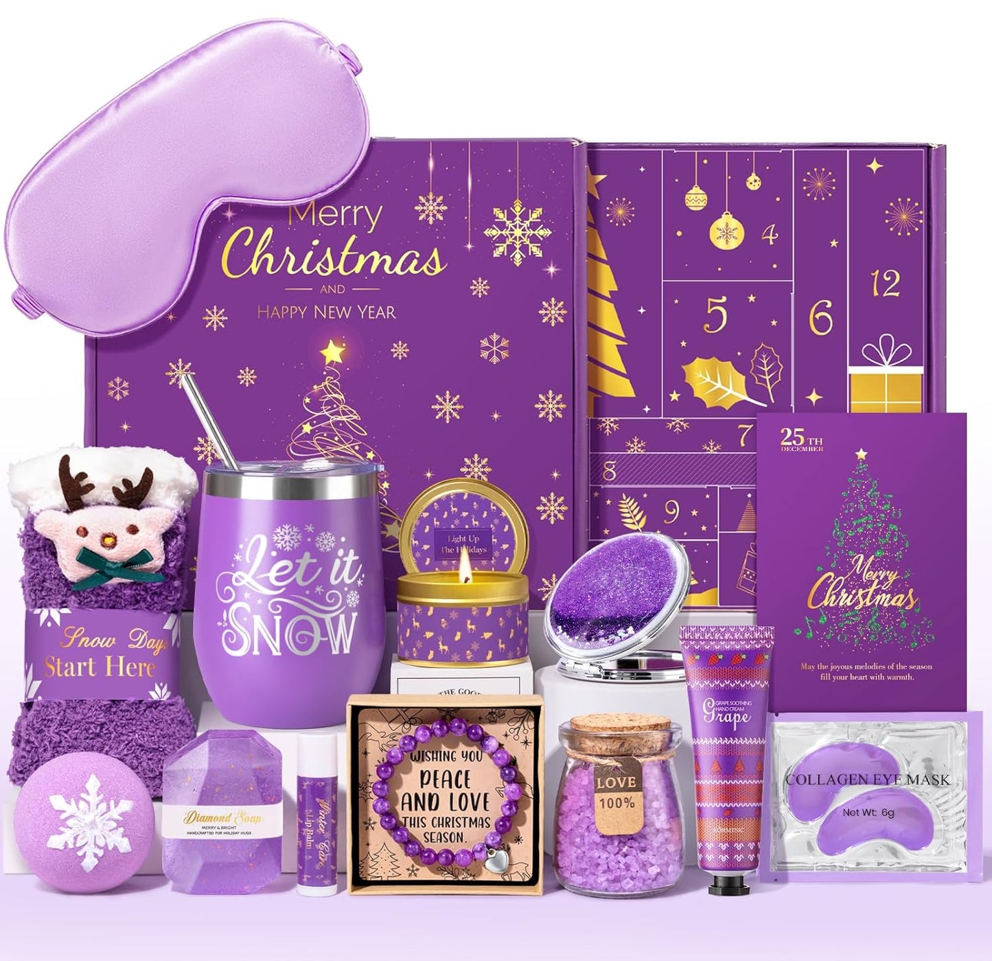 Advent Calendar 2025 - 12 Days of Unique Lavender Spa Gifts for Women | Self-Care Basket with Coffee Mug & Bath Items