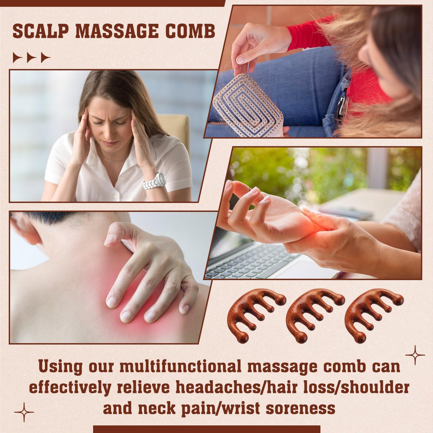 LemonRoad 12 Pack Wooden Scalp Massager Natural Sandalwood Wide Tooth Combs Wooden Head Scalp Massage Combs Bulk for Hair Growth Hair Care(Classic)