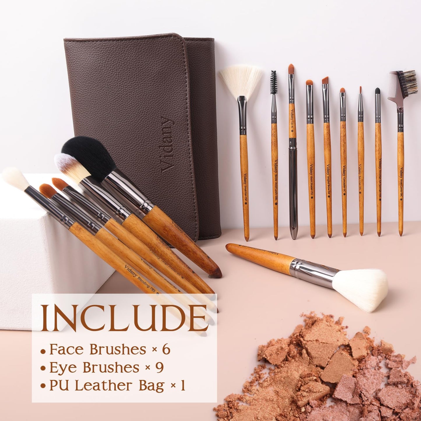 Vidany Makeup Brush Set,15pcs Walnut Wooden Makeup Brushes With Leather Button Bag, Professional Makeup Brushes For Foundation Concealer Kabuki Blush Eyeliner Shadow Brow, Makeup Brush Sets & Kits