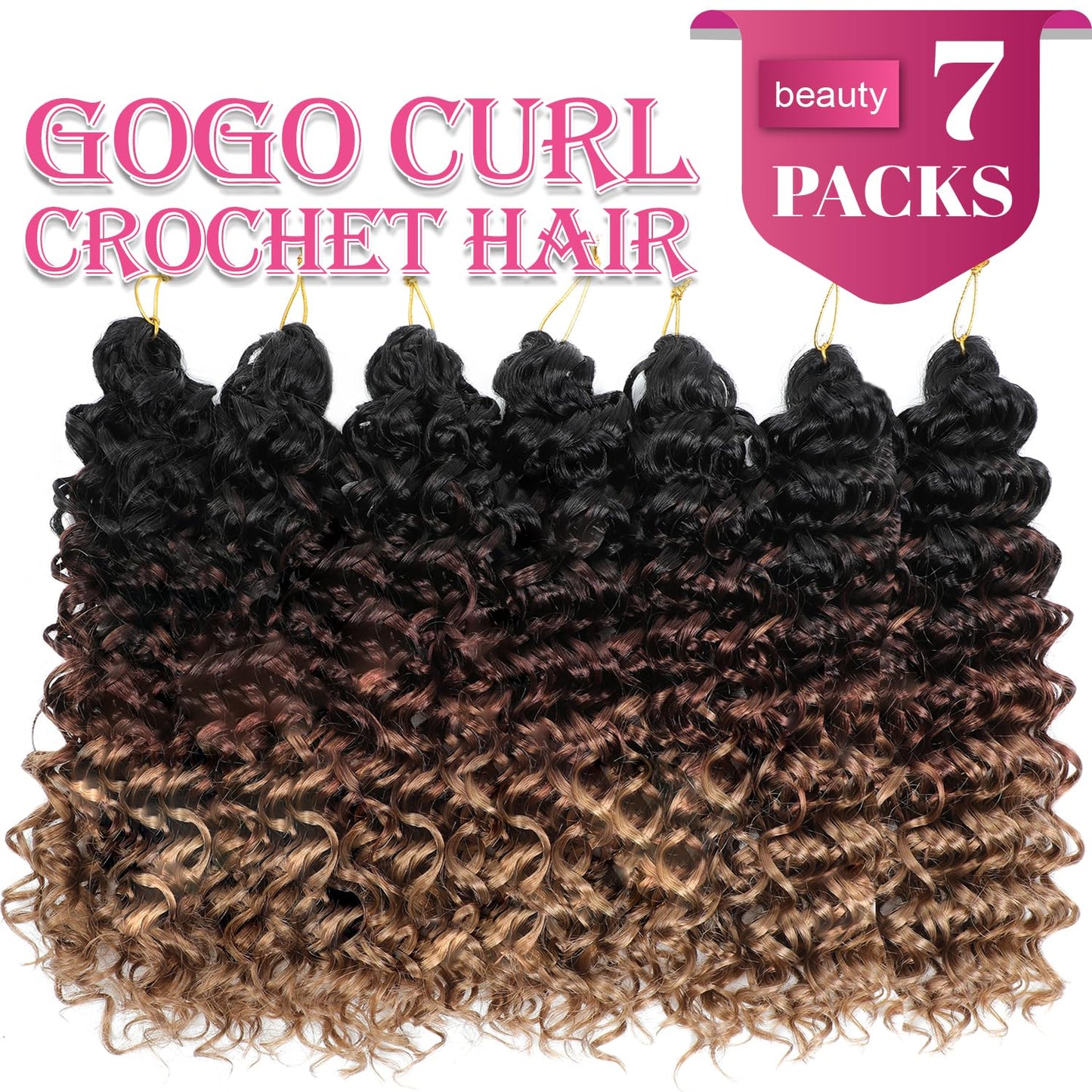 Gogo Curl Crochet Hair 14 Inch 7 Packs Curly Crochet Hair for Black Women Deep Wave Crochet Hair Beach Curl Crochet Hair Synthetic Braiding Hair Extensions (14 Inch 7 Packs 1B/30/27)