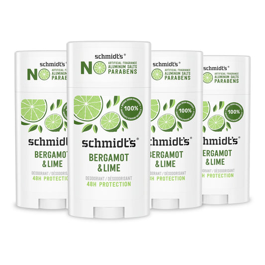 Schmidt's Aluminum-Free Vegan Deodorant Bergamot & Lime 4 Count for Women and Men, with 24 Hour Odor Protection, Natural Ingredients, Cruelty-Free, 2.65 oz