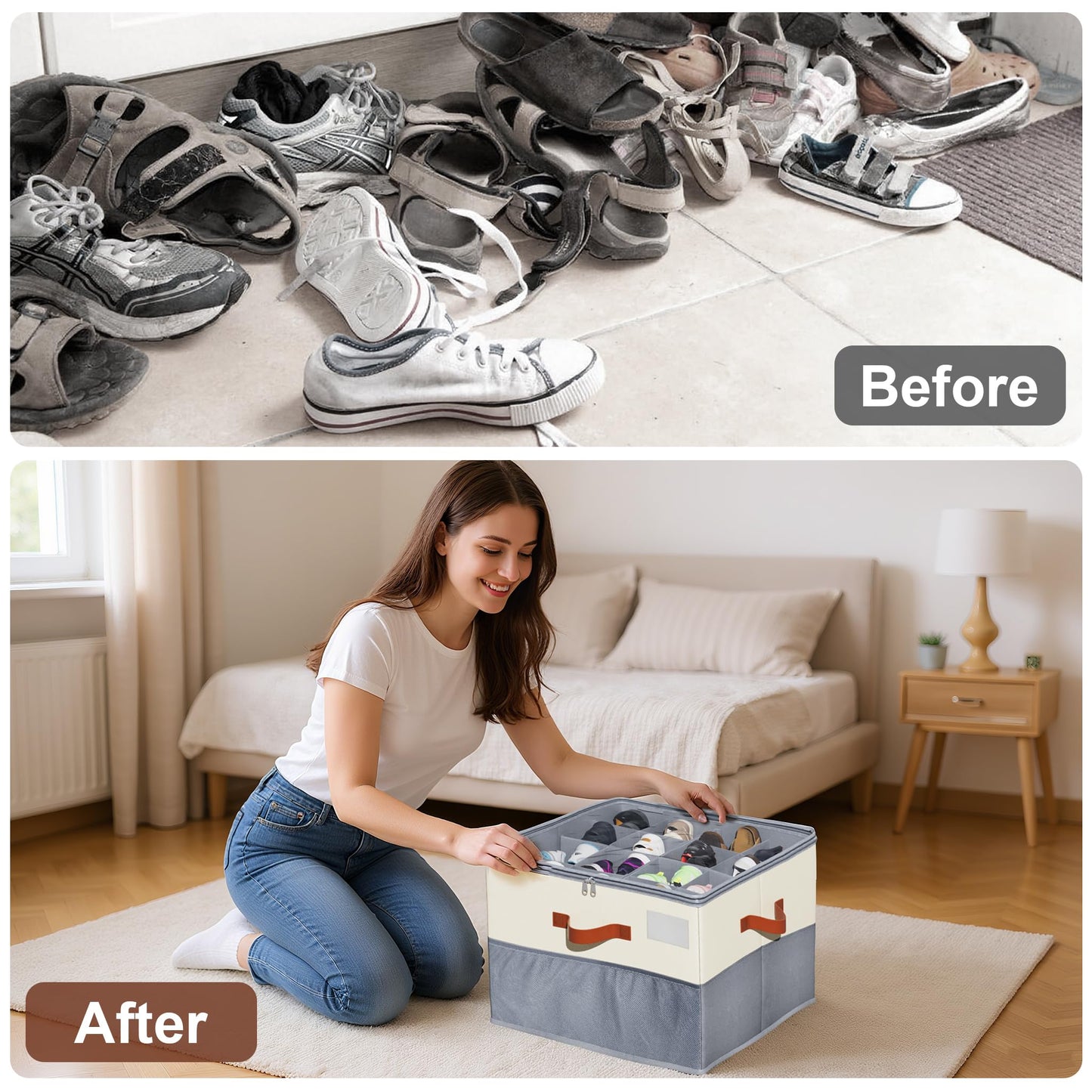 KETYWHA Shoe Organizer for Closet, XXL 1 Pack Foldable Shoe Storage Containers with Clear Cover, Shoe Box Organizers Bins with Adjustable Dividers 4Handles,Shoe Storage Fits 12-24 Pairs-Beige & Grey