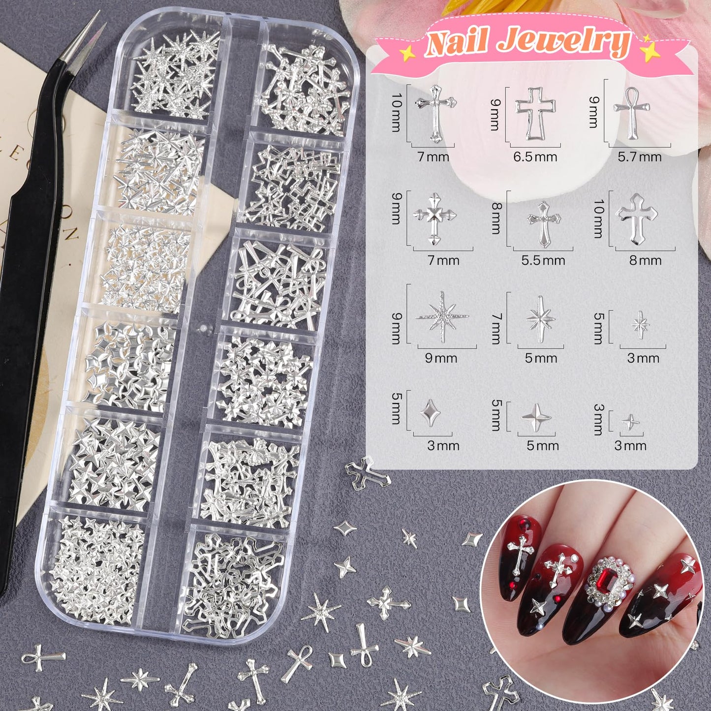 5Boxes Silver Nail Charms and Gems Kit, 3D Metal Flower Heart Bow Cross Star Nail Studs Charms for Nails Design, Pink White Flatback Rhinestones and Pearls Mini Caviar Beads with Tweezers for Nail Art