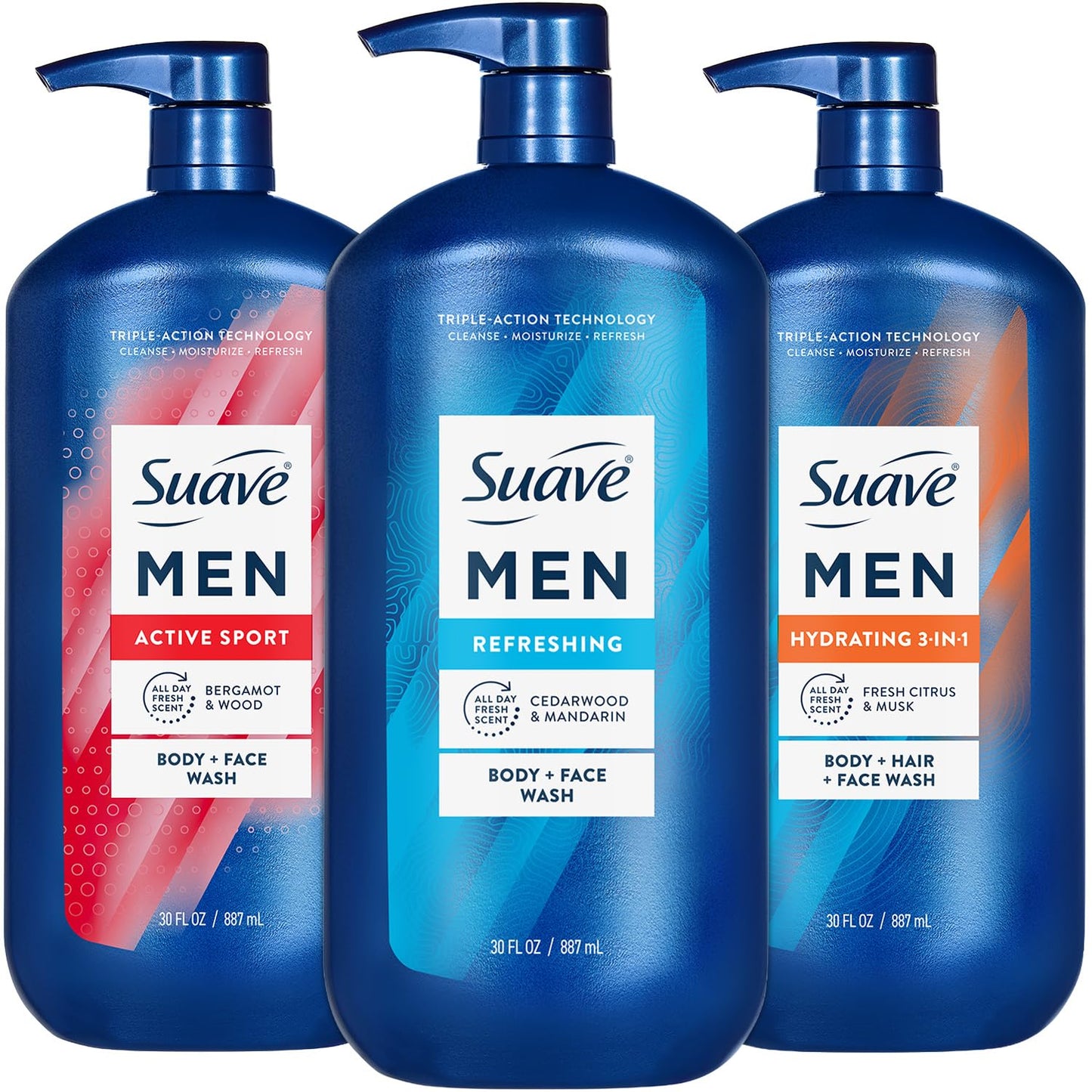 Suave Men Body & Hair Care Variety 3-Pack – Energizing Sport, Refreshing Body + Face Wash, and Hydrating 3-in-1 Hair + Body + Face Wash, 30 Oz Ea