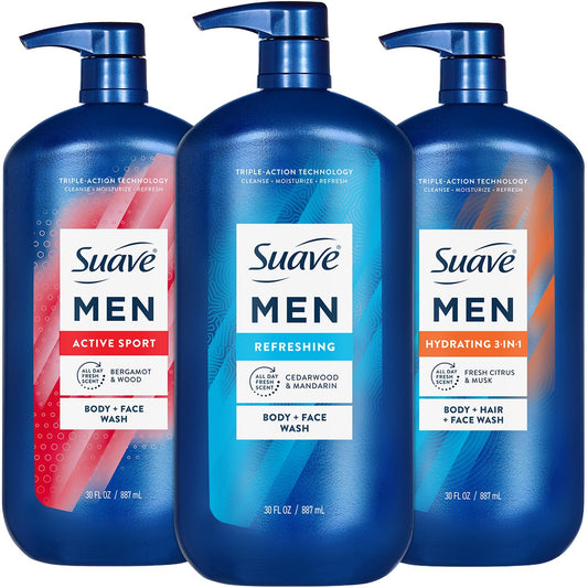 Suave Men Body & Hair Care Variety 3-Pack – Energizing Sport, Refreshing Body + Face Wash, and Hydrating 3-in-1 Hair + Body + Face Wash, 30 Oz Ea
