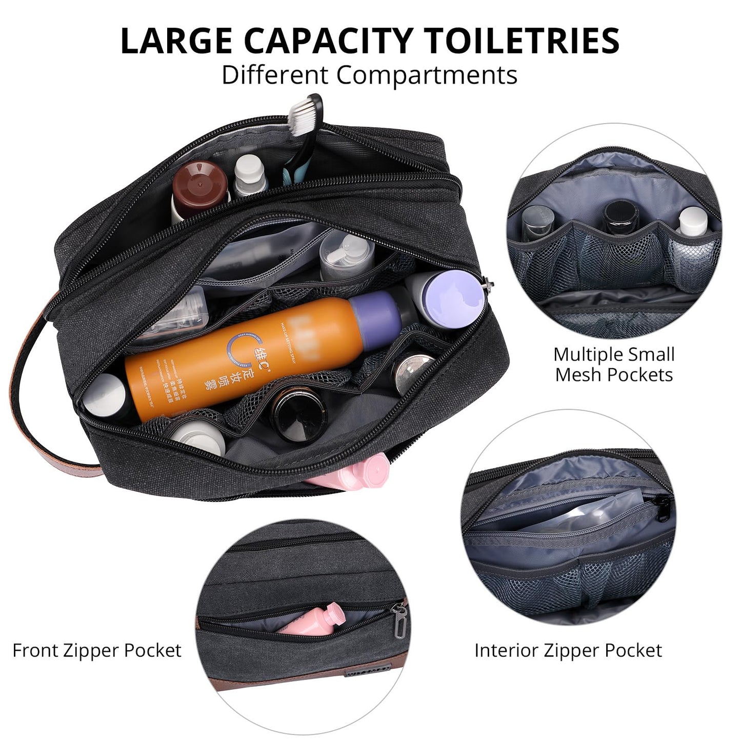 WITZMAN Canvas Toiletry Bag for Men Hanging Dopp Kit Organizer Water-resistant Travel Toiletries bag Men Bathroom Bag with Wet Pocket(A8001 Classics Black)