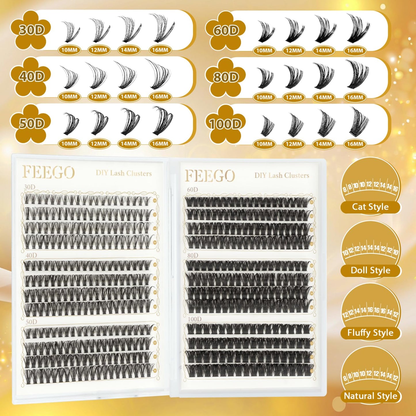 FEEGO 456pcs Cluster Lashes Kit 30-100D Fluffy Volume False Eyelashes with Lashes Adhesive Remover Tweezers Brush 10-16mm Lengths for Natural to Dramatic Look DIY Lash Extensions for Beginners & Pros