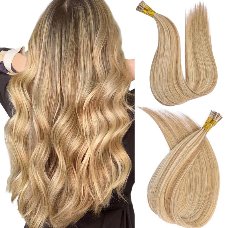 MioYio I Tip Hair Extensions Human Hair 30G/Pack Human Hair Itip Human Hair Extensions Dark Blonde to Highlighted Blonde Pre Bonded Extensions Long Straight #18/613 14Inch
