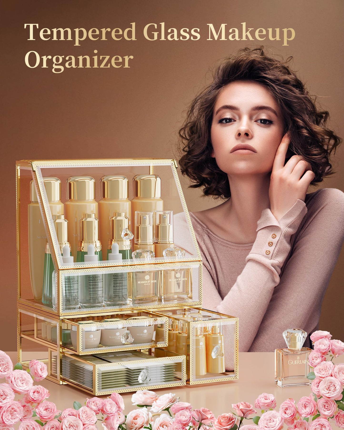 CoralHouse Makeup Organizer for Vanity, Clear Makeup Organizer with Drawer, Skincare Holder for Bathroom Countertop,Cosmetic Display Case for Dresser