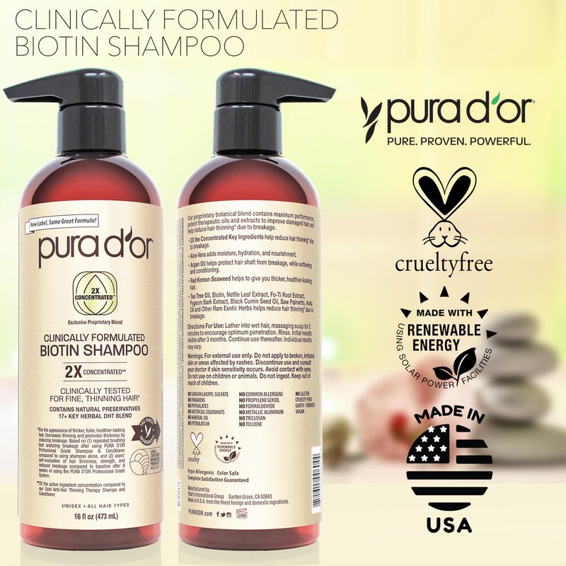 PURA D'OR 16 Oz Clinically Formulated Biotin Shampoo - Daily Hair Care Routine For Thinning Hair - 2X Concentrated 17+ Key Herbal Blend Hair Thickening Products For Women & Men