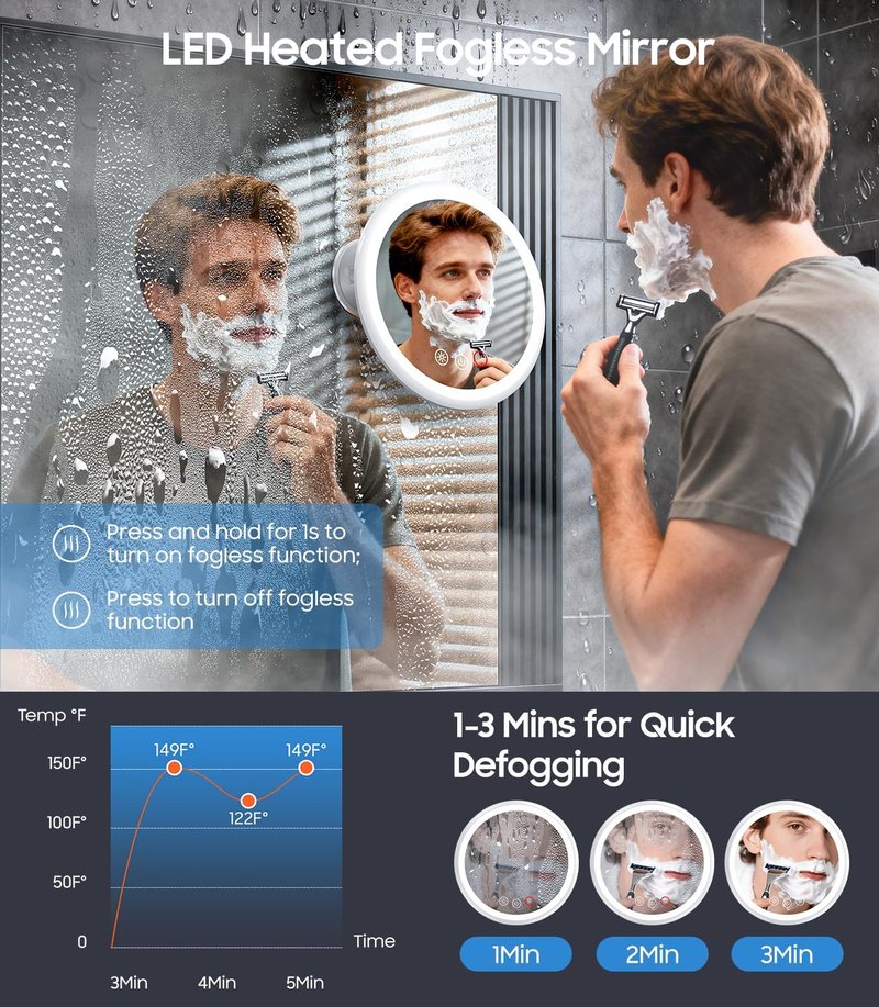 Fogless Shower Mirror with Light - 5000mAh Rechargeable Heated Design | 8.3” Dimmable, 360° Swivel for Men