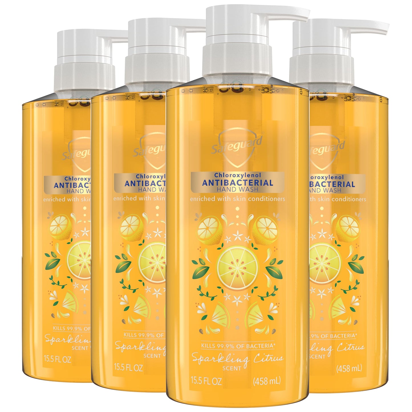 Safeguard Antibacterial Liquid Hand Soap, Micellar Deep Cleansing, Washes Away 99% Bacteria, Made with Natural Moisturizers & Skin Conditioners, PH Balanced, Sparkling Citrus Scent 15.5 oz (Pack of 4)