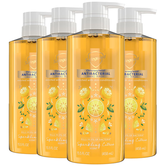 Safeguard Antibacterial Liquid Hand Soap, Micellar Deep Cleansing, Washes Away 99% Bacteria, Made with Natural Moisturizers & Skin Conditioners, PH Balanced, Sparkling Citrus Scent 15.5 oz (Pack of 4)
