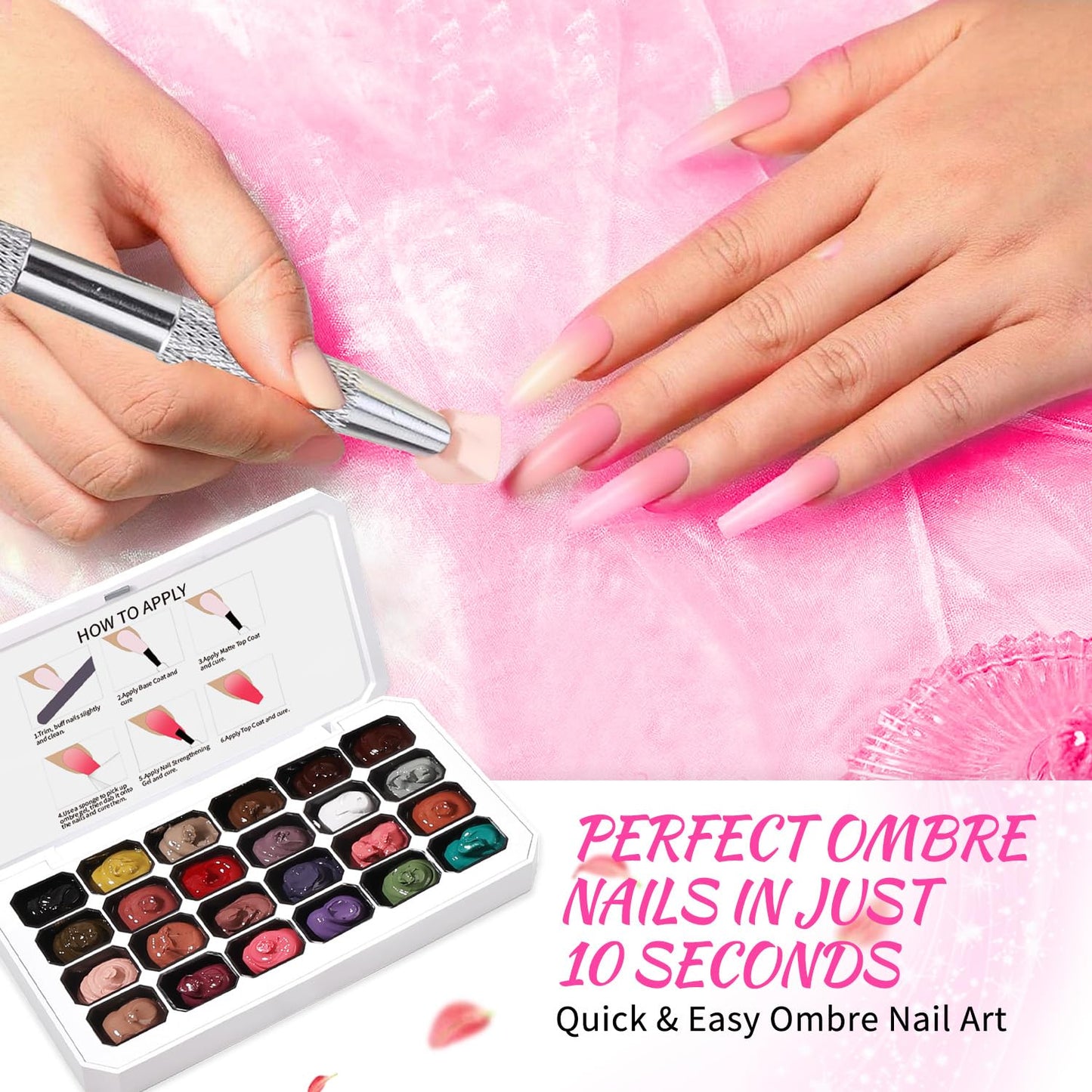 Ombre Gel Nail Polish Set - 24 Vibrant Colors for Gradient Nail Art | Includes 100 Nail Sponges