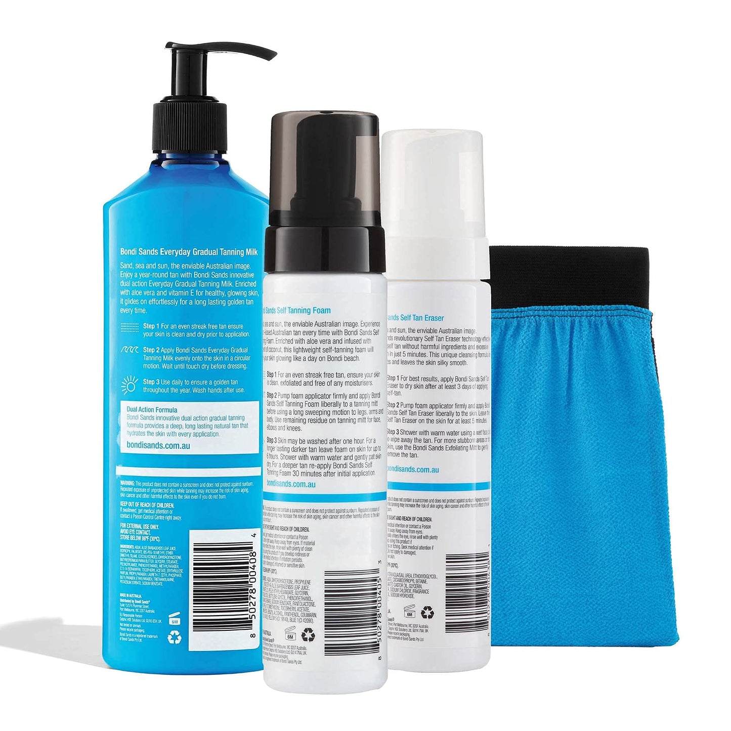 Bondi Sands Prep and Glow Bundle | Includes Self Tan Eraser, Exfoliation Mitt, Light/Medium Sunless Foam + Everyday Gradual Tanning Milk ($76 Value)