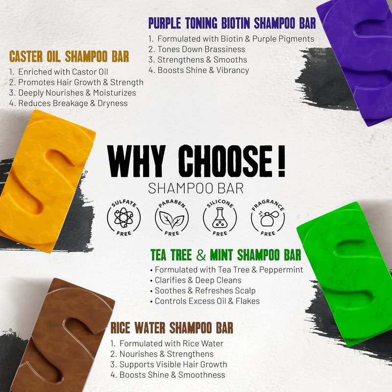 Herbishh Hair Growth Shampoo Bars - Sulfate-Free, Eco-Friendly | Oily, Blonde & Thinning Hair - 4-Pack Set