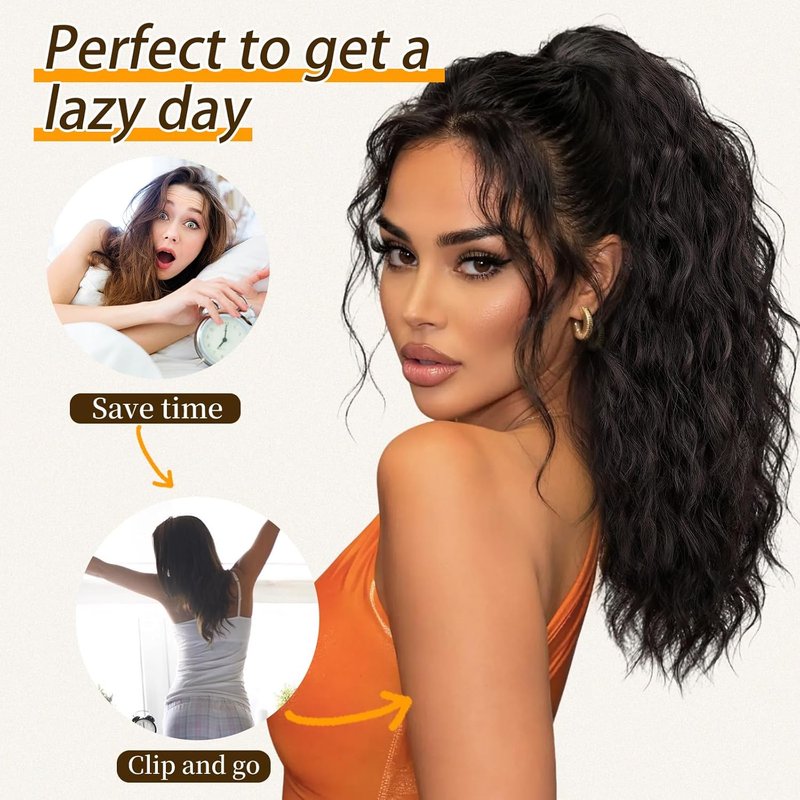 Claw Clip Ponytail Extension - Black Wavy Layered Fluffy Hairpiece for Women | Synthetic Clip-On Ponytail
