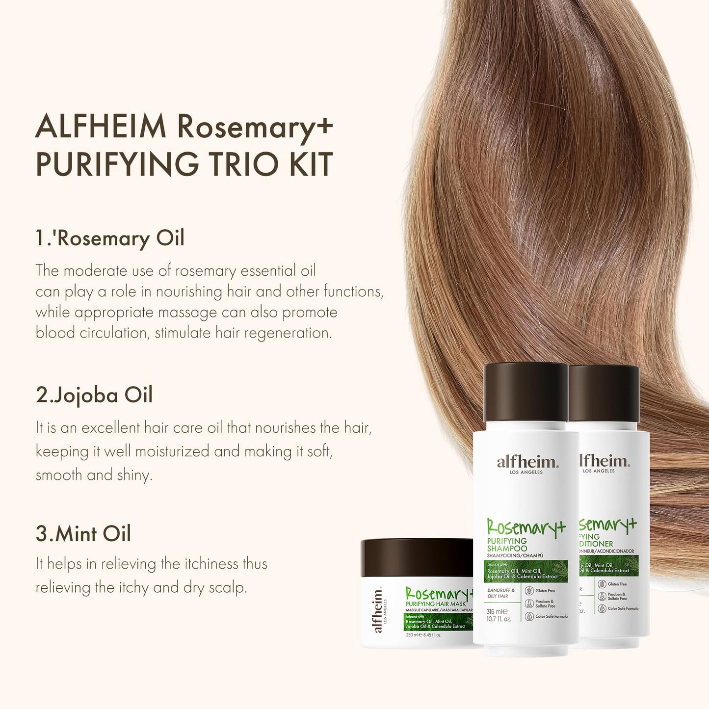 ALFHEIM Rosemary 3-piece set of shampoo, conditioner and hair mask Deep Cleansing Scalp Care Strengthens Roots & Prevents Flatness Sulfate & Paraben-Free for Oily Scalp & Sensitive Skin
