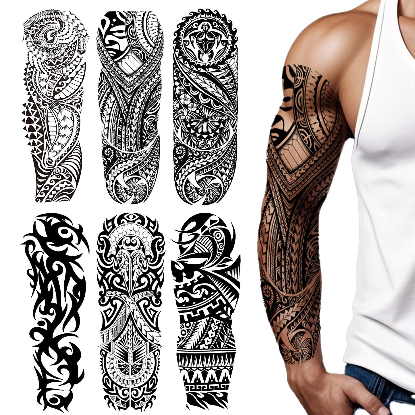 6 Sheets Full Arm Temporary Tattoos, Large Black Totem Tattoo Sleeves, Realistic Fake Tattoos for Men and Women, Waterproof and Long Lasting Tribal Tattoo Stickers for Cosplay, Parties, and Halloween