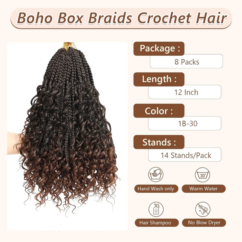 Crochet Box Braids - Boho Goddess Synthetic Braiding Hair for Black Women | 10 Packs, 1B/30