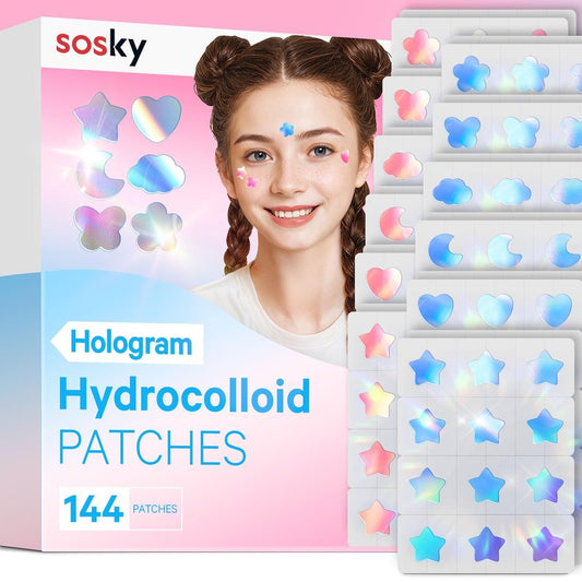 Sosky Hologram Pimple Patches for Face, Hydrocolloid Acne Patches with Salicylic Acid, Cute Star Zit Stickers,Colorful Blemish Covers,144 Count Blue Pink Star Heart Moon Cloud Butterfly Flower