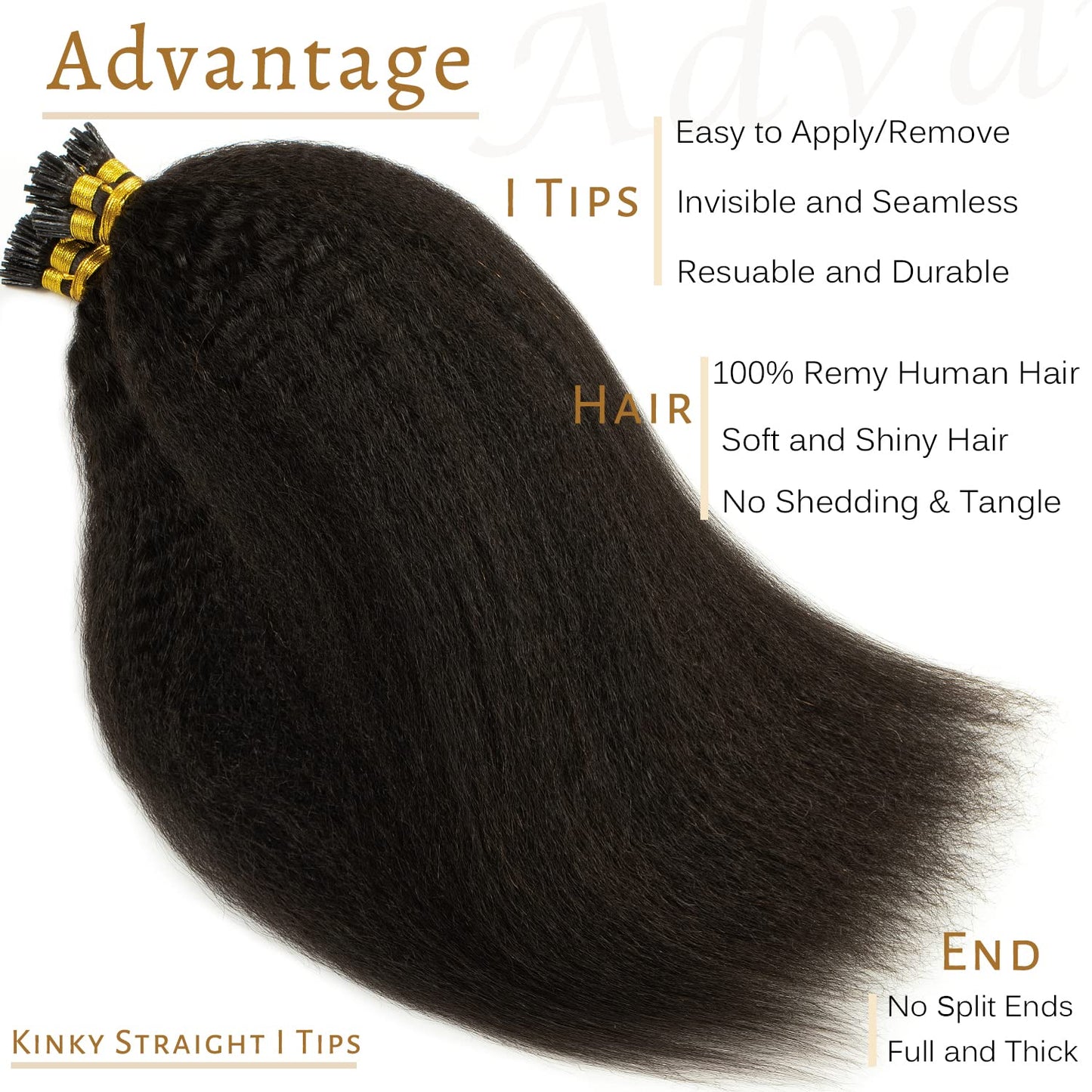 Caliee I Tip Hair Extensions Real Human Hair Kinky Straight 18 Inch Natural Hair Extensions I Tips Human Hair for Black Women Natural Black Color Thick End 50G 50s/pack