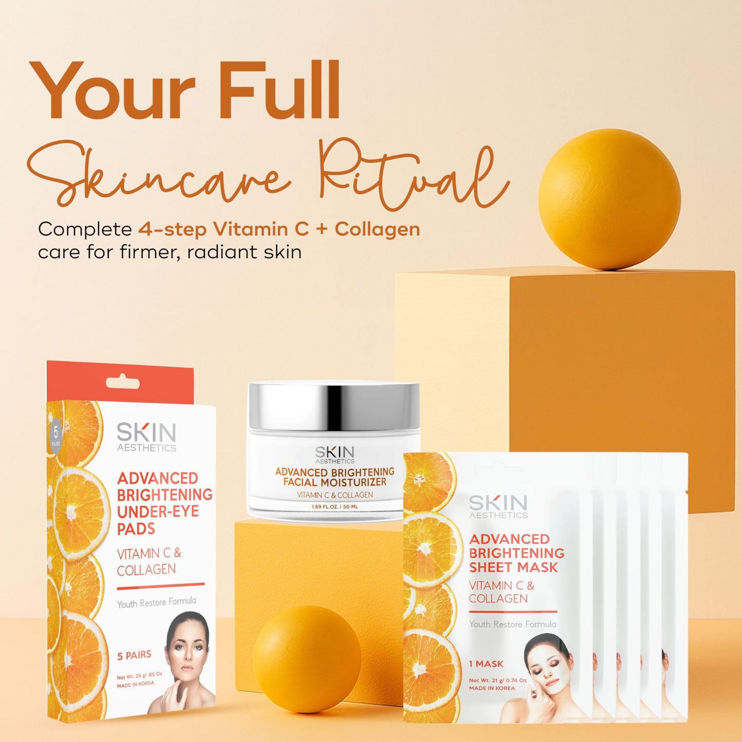 Skin Aesthetics Vitamin C & Collagen Set – Dermatologist Tested, Anti Aging, Korean Skin Care – Firms, Smooths, Hydrates and Revitalizes Tone – Vegan, Clean Beauty – Moisturizer, 5 Mask & 5 Eye Pads