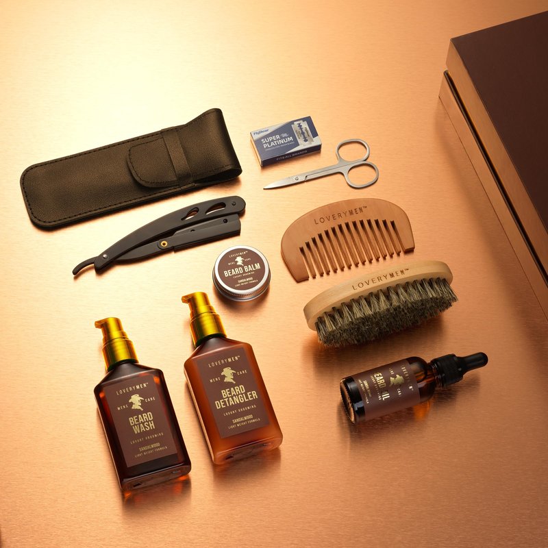 LOVERY Beard Care Kit for Men, Sandalwood Mens Grooming Kit with Straight Edge Razor, Beard Oil, Balm, Wash, Detangler, Brush & More - 11pc Birthday Gift for Him, Dad, Boyfriend, Gifts for Men