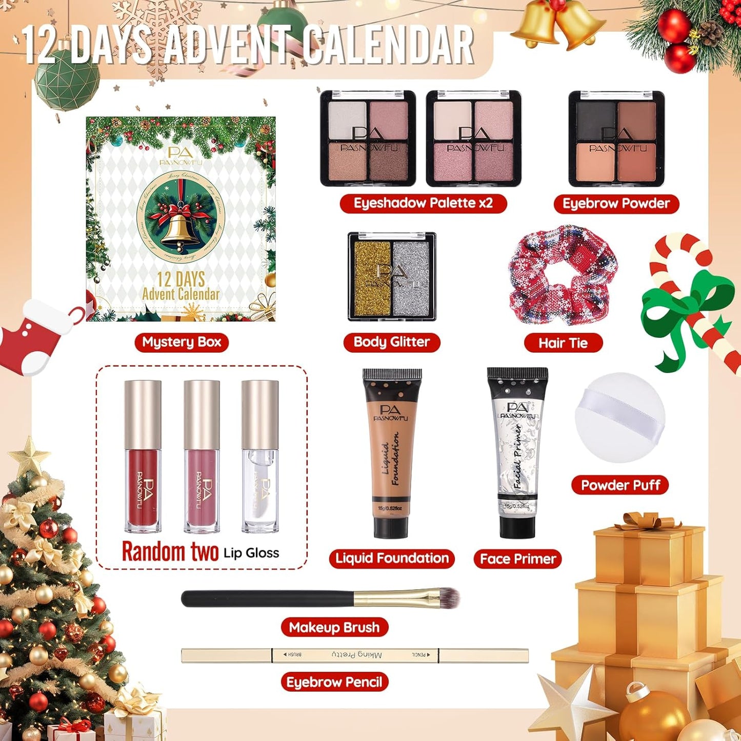 Makeup Advent Calendar 2025 - 12 Days of Surprises for Women & Teens | Holiday Countdown Cosmetic Set with Eyeliner & Lip Oil