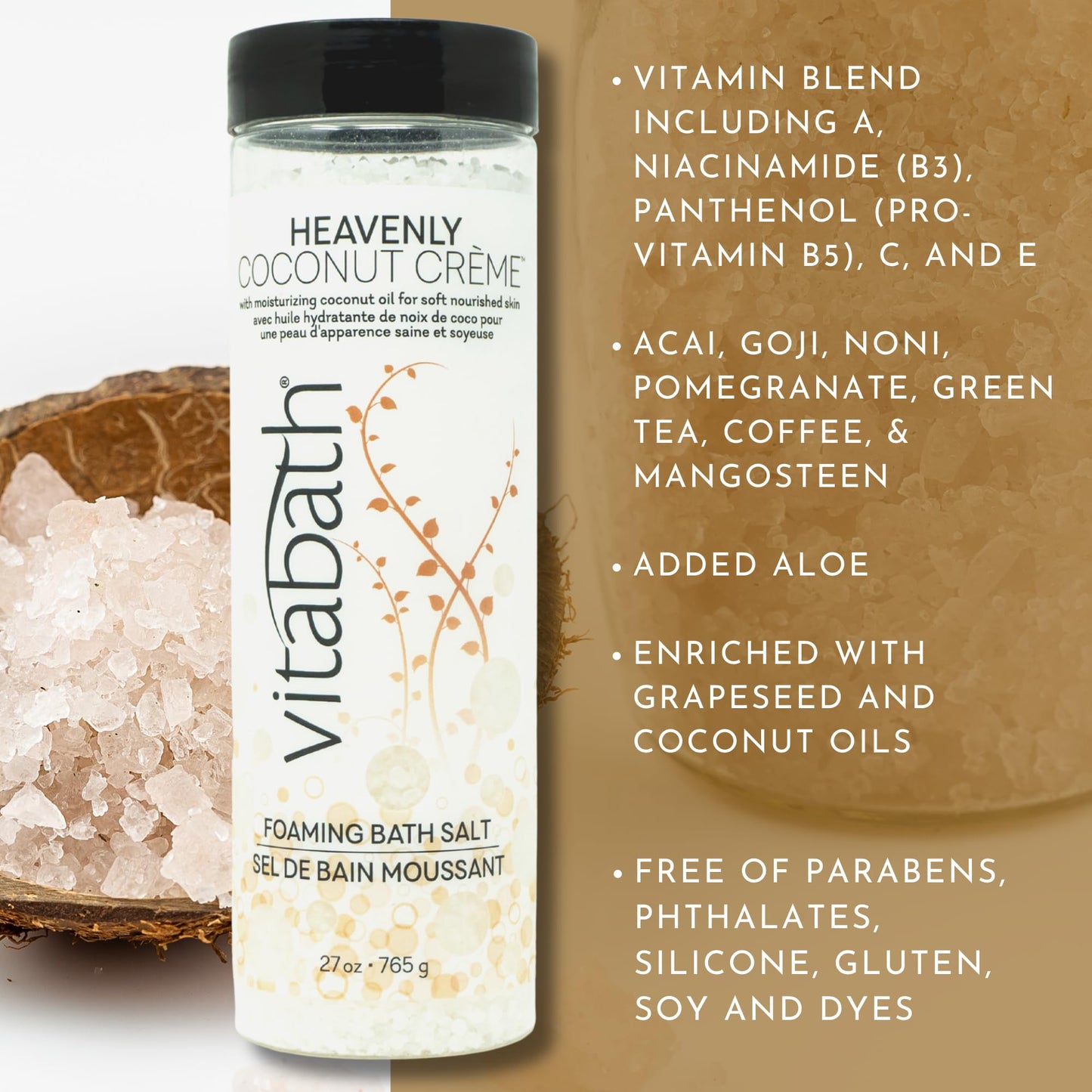 Vitabath Heavenly Coconut Crème Foaming Bath Salts Relaxing Bubble Aromatherapy Skincare - Muscle & Body Ache Soothing & Skin Nourishing Foamy Soak for Women & Men – 27 oz