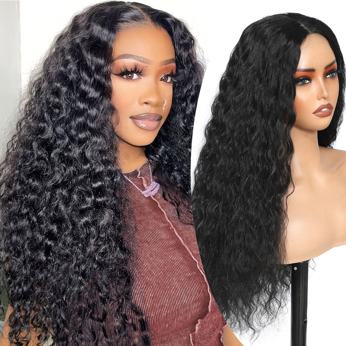 YKHJH 26 Inch Black Synthetic Lace Front Wig,100％ Protein Silk Deep Water Wave Lace Front Wig,Curly Glueless Wigs For Black Women,Hair Replacement Wigs Perfect for Daily & Party Use (Black)