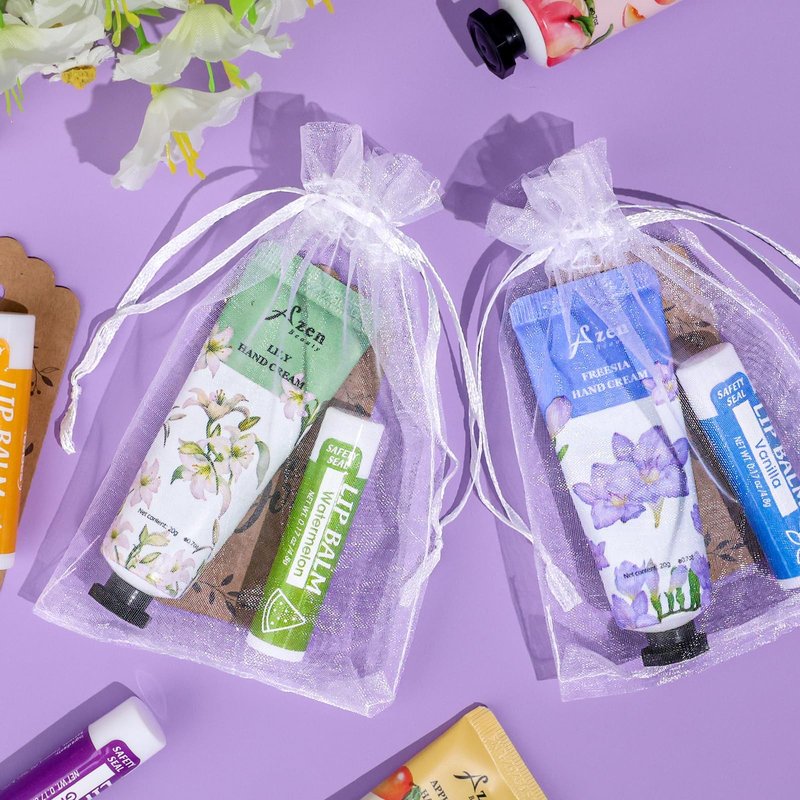 AZEN 32 Sets Bulk Gifts, Hand Cream and Lip Balm Bulk Set with Organza Bag Thank You Card, Baby Shower Wedding Gift for Guests, Bridal Wedding Favors for Guests, Mothers Day Gifts Stocking Stuffers