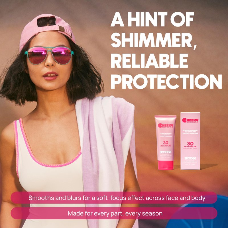 Spooge Cheeky | Shimmer Mineral Sunscreen SPF 30 | Zinc Oxide Sunblock | Glitter Sunscreen For Face & Body | Caffeine Infused Formula | Dermatologist Developed | Reef Safe Sunblock | 3.4oz