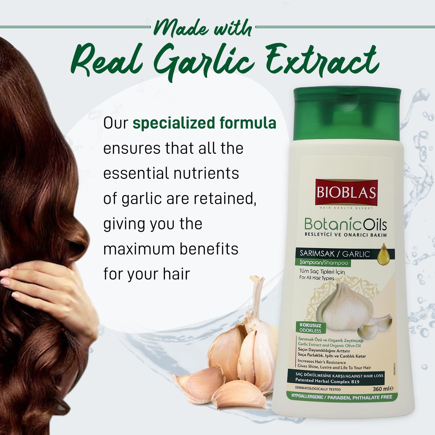 Bioblas Garlic Shampoo - Odorless & Unscented Hair Growth Formula for Men & Women - Clarifying Treatment to Cleanse Roots & Scalp - Hair Thickening & Anti-Thinning Solution (2 Pack)