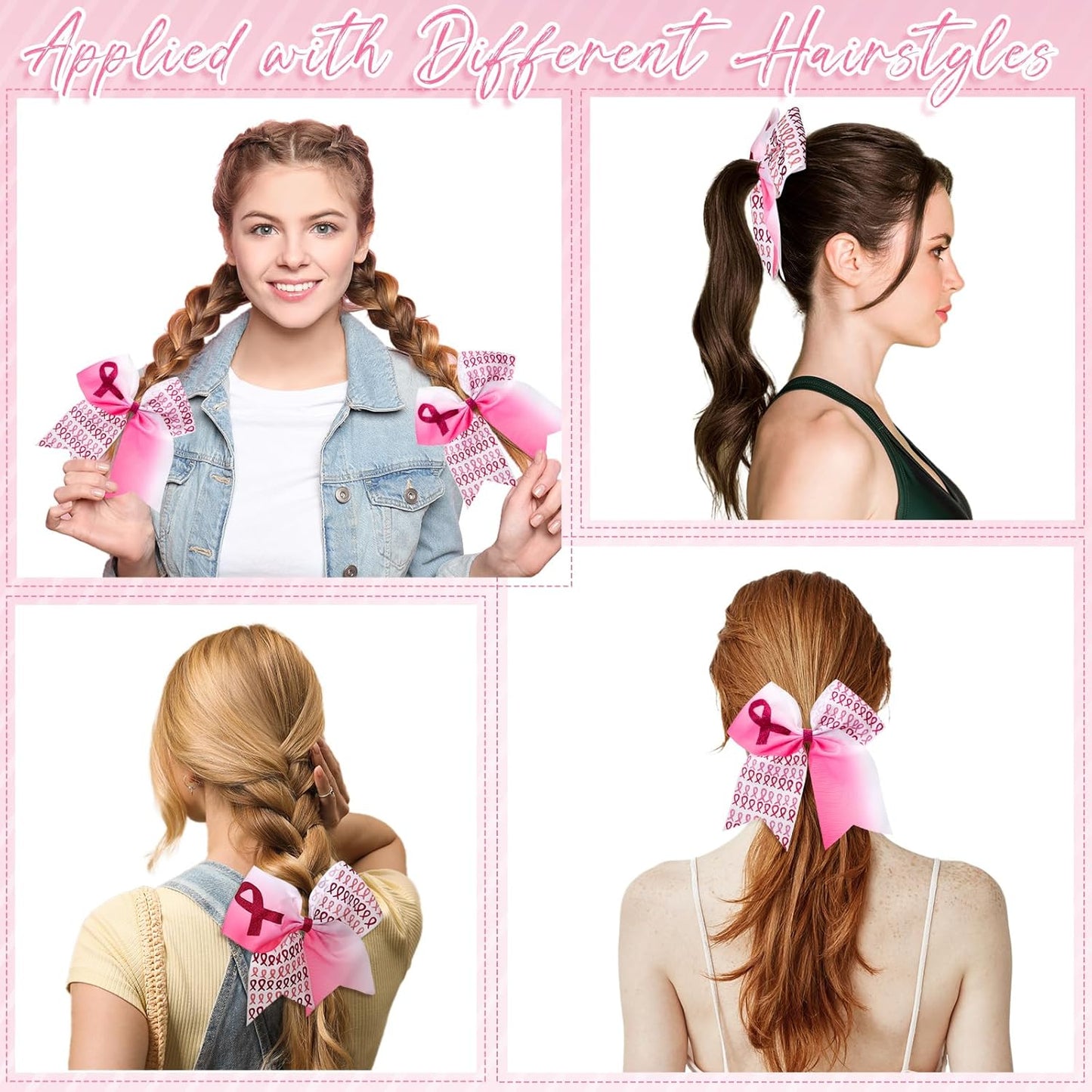 Breast Cancer Awareness Cheer Bows - 18 Pcs Pink Ribbon Hair Accessories for Teens & Women | 7 Inch Elastic Ponytail Holders