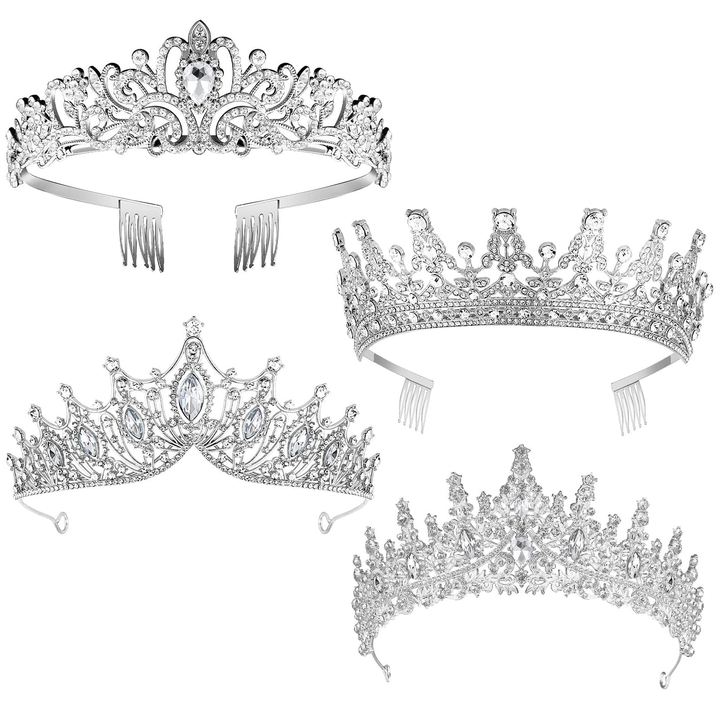 Kigeli 4 Pack Queen Crowns for Women Pageant Crown with Combs Princess Rhinestones Tiara Headband Prom Tiara for Quinceanera Birthday Cosplay Wedding(Silver)