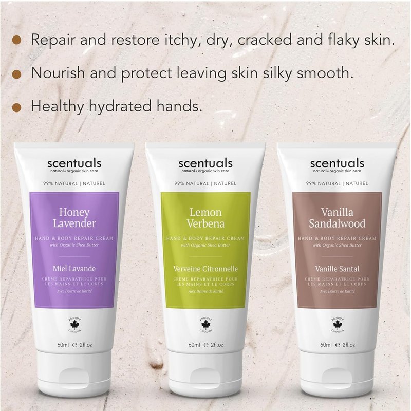 Hand Cream Set - Moisturizing Shea Butter & Cocoa Butter | 3 Scents: Lemon Verbena, Honey Lavender, Vanilla Sandalwood - 60 ml