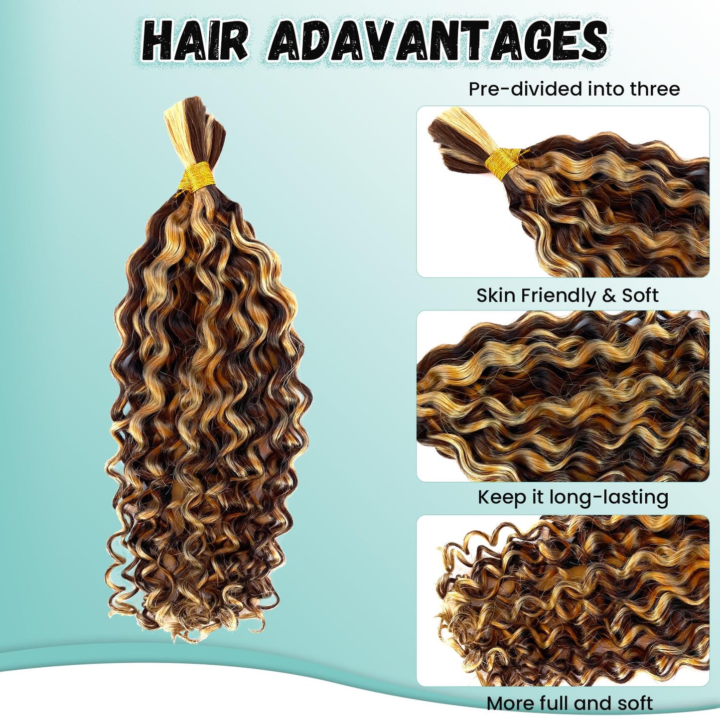 4/27 Honey Blonde Human Braiding Hair Deep Water Wave Bulk Human Hair for Braiding Highlights Curly Braiding Hair Extensions for Boho Braids 14 Inch 2 Bundles 100G Wet and Wavy Human Hair Braiding