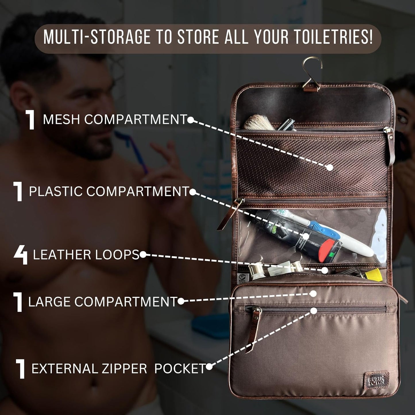 Leather Hanging Toiletry Bag for Men | Rustic Town Travel Dopp Kit & Organizer - Ideal for Shaving & Cosmetics